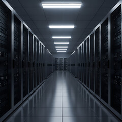 Server Room Interior with Rows of Racks and Fluorescent Lighting Technology Concept