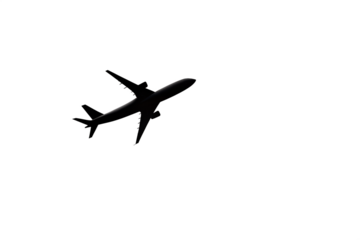 Silhouette of a commercial airplane in flight against a clean white background, representing travel and aviation