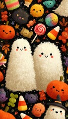 Obraz premium Whimsical Halloween Design with Fluffy Ghosts and Candy Elements