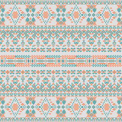 A geometric textile design in orange and teal, featuring diamonds, floral motifs, and repeating horizontal patterns on a white background.