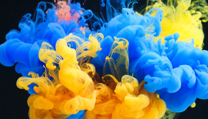 Abstract Background — Blue and Yellow Ink in Water, Vibrant Motion Texture