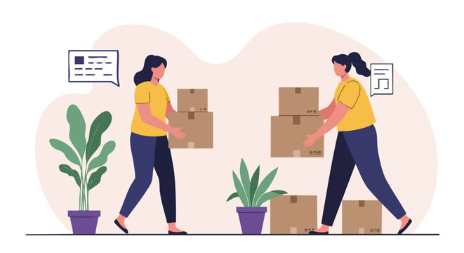 Two women in casual clothes carrying stacked cardboard boxes moving or relocating.