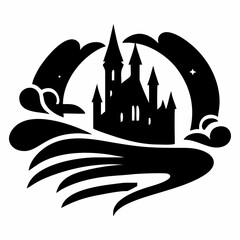 Vector illustration of haunted castle with bats, pumpkins and moon, perfect for Halloween prints and design.