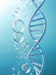 A realistic DNA double helix suspended in a blue fluid background, surrounded by transparent bubbles, evoking a molecular or biological setting.