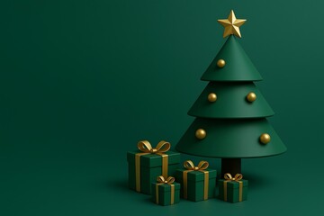 Chic 3D rendered Christmas tree, elegantly adorned with golden baubles and a shining star, surrounded by festive gift boxes. Perfect for holiday greetings and seasonal cheer