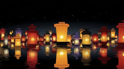Vibrant Lanterns Floating on Water at Night