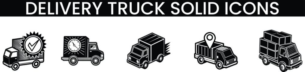 Collection of solid delivery truck icons representing logistics and transportation services vector