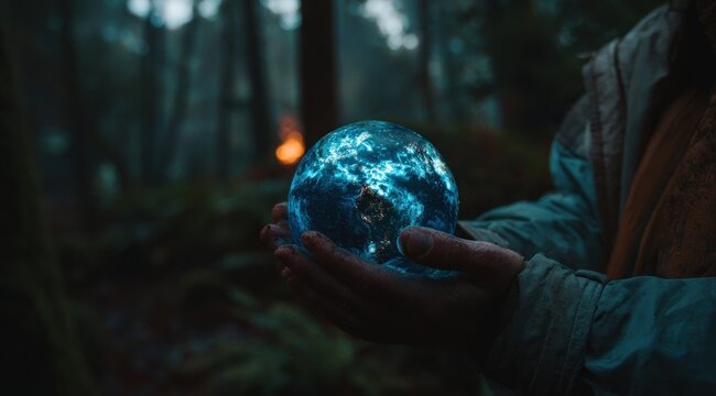 Hands cradle a luminous, swirling orb in a forest, emanating a soft blue glow against the dim backdrop of mossy trees and shadowed undergrowth