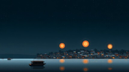 Mystical Night Scene with Glowing Fireballs Over Water