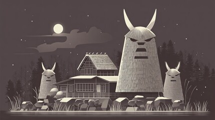 Traditional Namahage Spirits in Moonlit Forest Scene