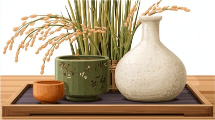 Traditional Japanese Sake and Rice Stalks Illustration