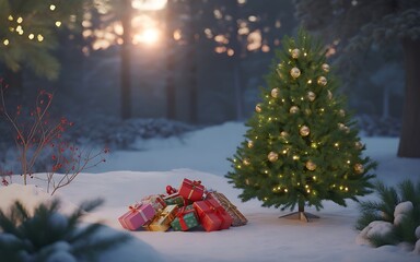 Winter wonderland Christmas scene with a beautifully decorated evergreen tree adorned with glowing lights and a pile of festive gift boxes nestled in fresh snow