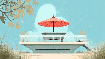 Traditional Gamelan Pavilion with Red Umbrella Illustration