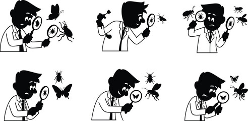 Scientist examining insects and butterflies with magnifying glass, entomology research, lab study, close-up inspection, scientific investigation vector