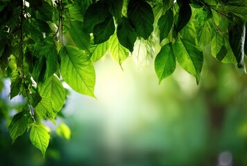 Fototapeta premium Lush green leaves hang overhead, dappled with sunlight against a blurred, sunny background, creating a natural and serene frame