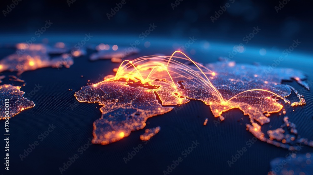 Poster a digital map of the world displaying interconnected networks with bright lines, symbolizing global 