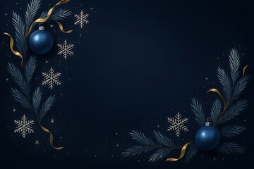 An elegant dark blue Christmas background with festive blue ornaments, gold ribbons, and snowflakes. A luxurious holiday season design concept