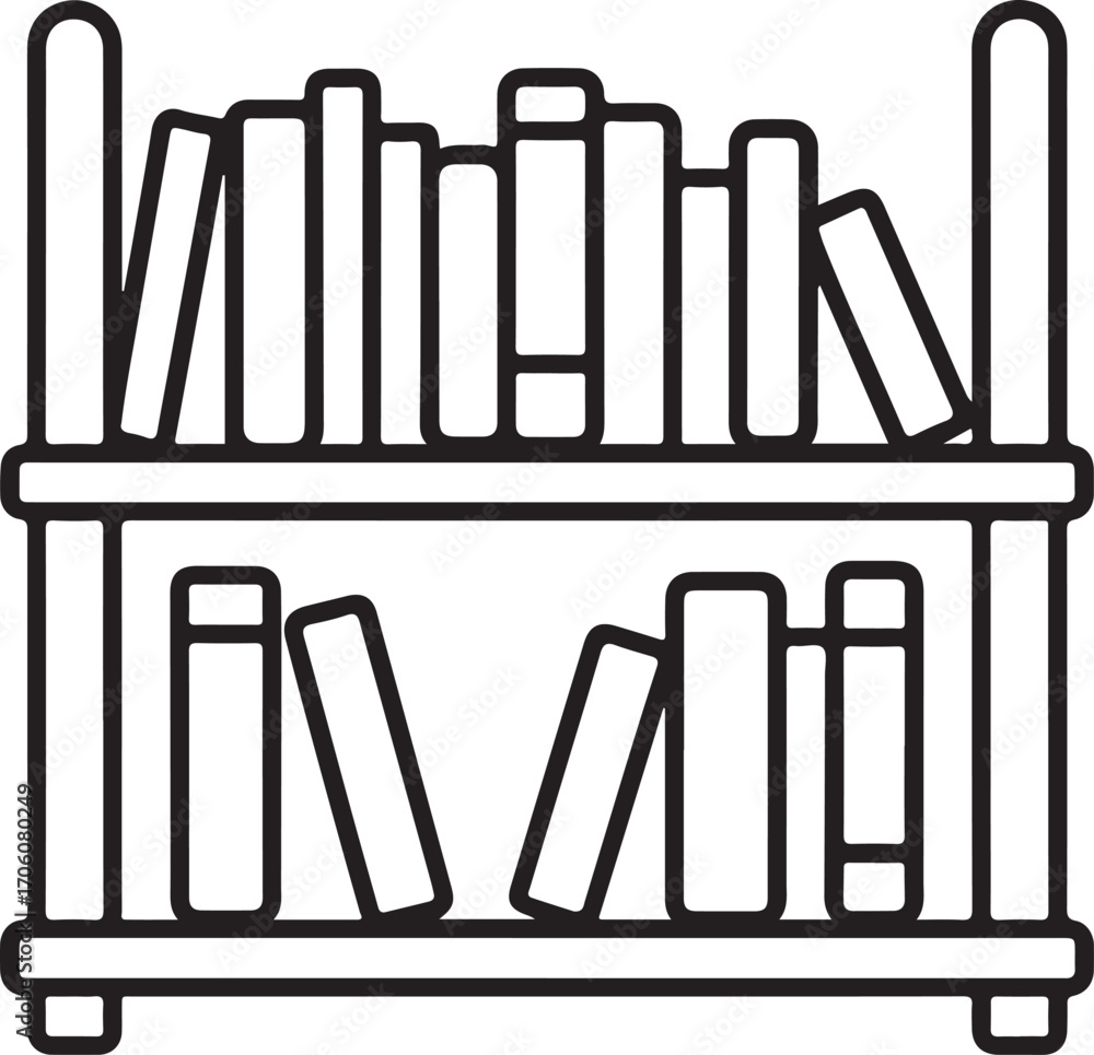 Poster simple outline drawing of a two shelf bookcase filled with books