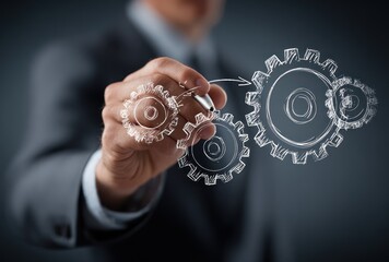 A blurred man in a suit connects sketched gears with a pen, illustrating teamwork, strategy, or a plan with the gear wheels moving