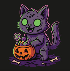 Creepy Cute Zombie Cat with Pumpkin Candy Bucket Vector, Neon Glow Zombie Cat Halloween Candy Design, Spooky Undead Cat with Stitched Eyes Cartoon Art, Halloween Zombie Cat with Bones and Candy Vector