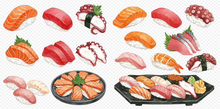 An assortment of watercolor-style Japanese sushi and sashimi, featuring various nigiri pieces with salmon, tuna, octopus, and shrimp, alongside plates of mixed selections.