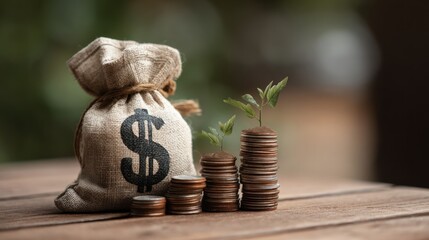 Moneybag beside growing plants on stacked coins, on wooden surface with green bokeh background showcasing wealth and growth