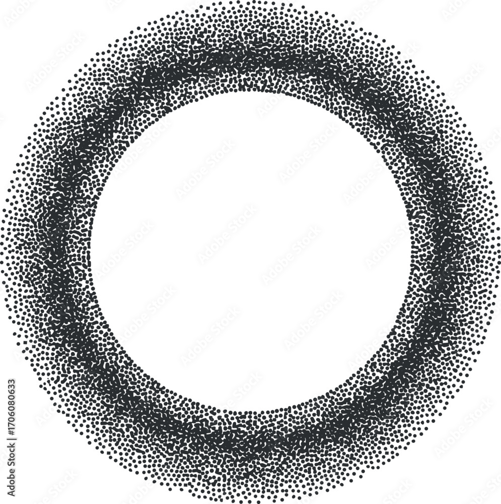 Poster an abstract circular pattern composed of numerous small dots in black and white.