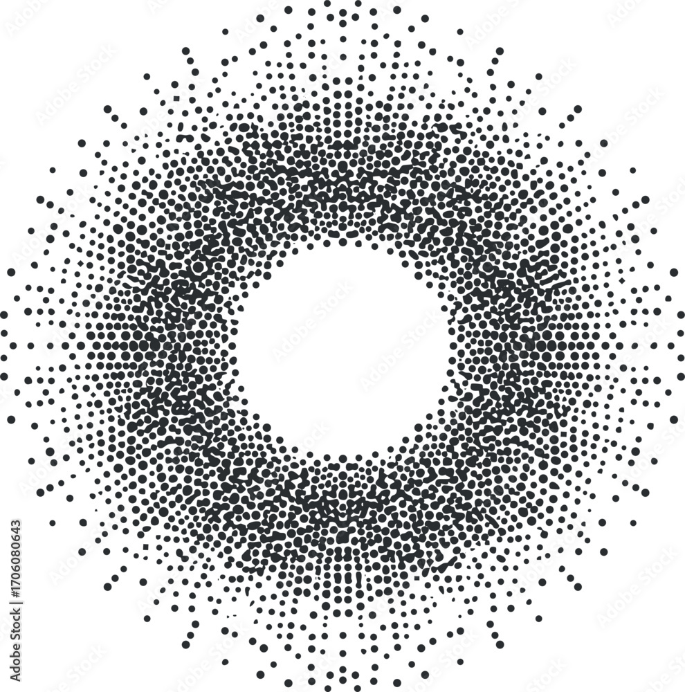 Poster an abstract design featuring a circular pattern of densely arranged black dots on a white background