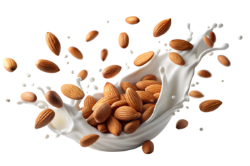 Almond nuts splashing into milk in a dynamic composition, emphasizing freshness and natural goodness