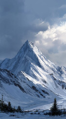 Majestic snow-capped mountain peak under dramatic clouds

