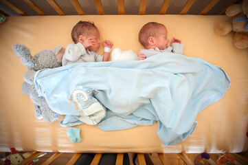 Overhead view shows two newborn twins resting in a crib covered by a light blue blanket. One baby sleeps with a hospital bracelet, another is near a stuffed animal.