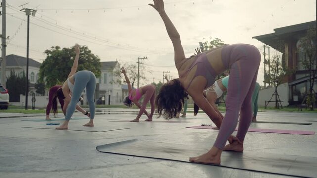 A synchronized group yoga practice outdoors in the forward fold pose, embracing physical wellness, mental peace and alignment.