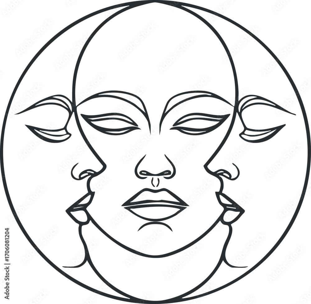 Poster an abstract illustration of three faces intertwined within a circular design highlighting unity and 
