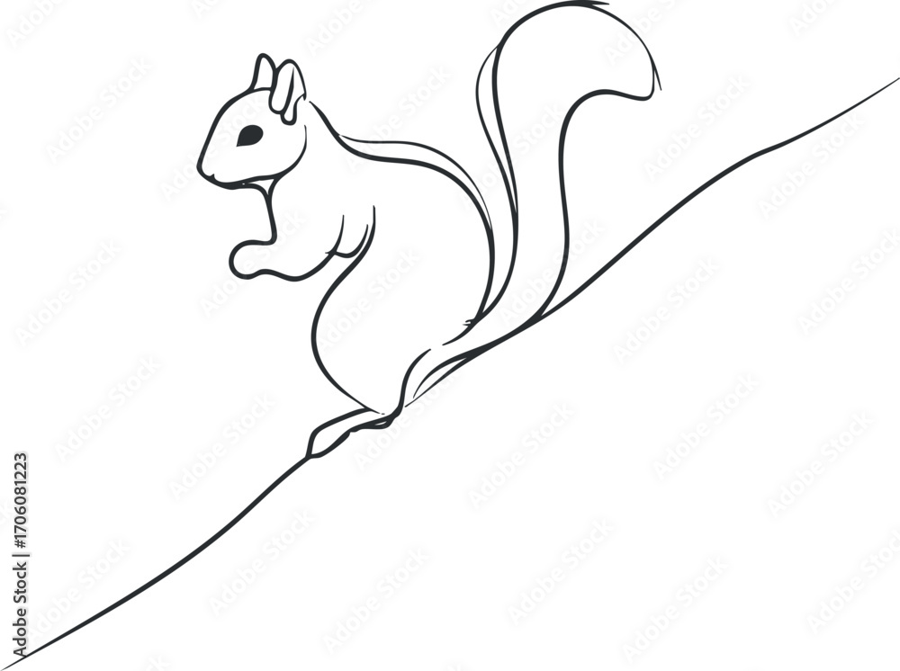 Poster a simple line drawing of a squirrel in an animated pose climbing a slope.