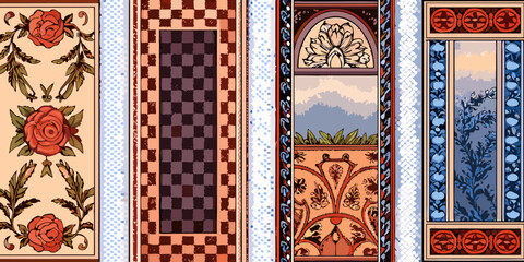 Artistic vertical panels featuring floral motifs a checkerboard pattern and architectural window designs