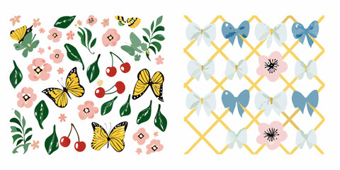 Collection of whimsical yellow butterflies pink cherry blossoms red cherries and green leaves on a white background