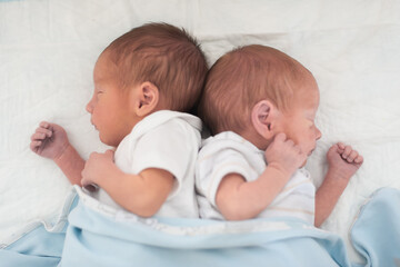 Two newborn twins, presumably brothers, are resting head-to-head on a white sheet. They both have light skin, closed eyes, and are partially covered by a blue blanket.