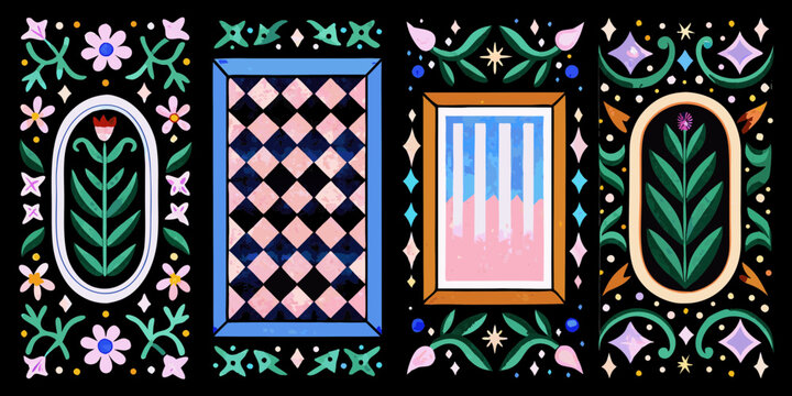 Whimsical folk art style decorative panels featuring flowers plants geometric patterns and abstract shapes