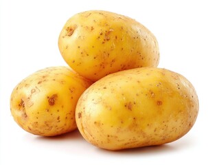 A pile of three yellow potatoes sits on a white surface. The potatoes are speckled with small brown dots, and are illuminated by bright light