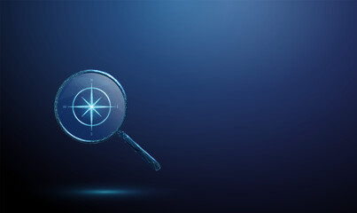 3d compass inside a magnifying glass. Concept of navigation, direction, guidance, orientation, exploration, decision making, strategy, planning.