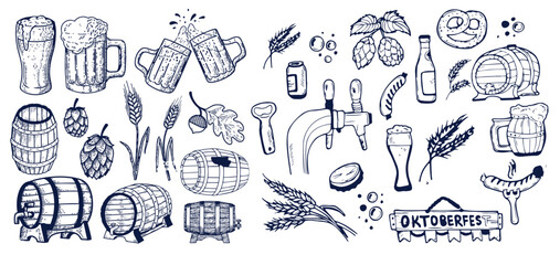 Beer brewery icons collection. Glasses, bottle, barrel hand drawn elements for pub, bar menu. Vector sketch illustration