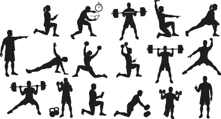 Silhouettes of people performing various fitness exercises including weightlifting, lunges, push-ups, kettlebell training, stretching, and timing workouts.