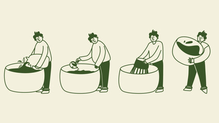 Illustration of a young man making matcha tea drink. Perfect for cafes, tea brands.