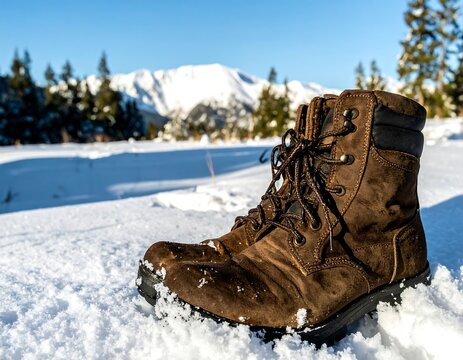 Hiking boots in snowy landscape