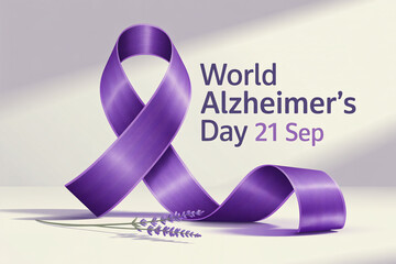 World Alzheimer's Day. Purple ribbon, lavender sprig and text.