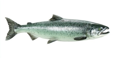 A silvery fish, possibly salmon, is shown lengthwise on a clean white background. It has distinct fin features and a sleek form with an open mouth