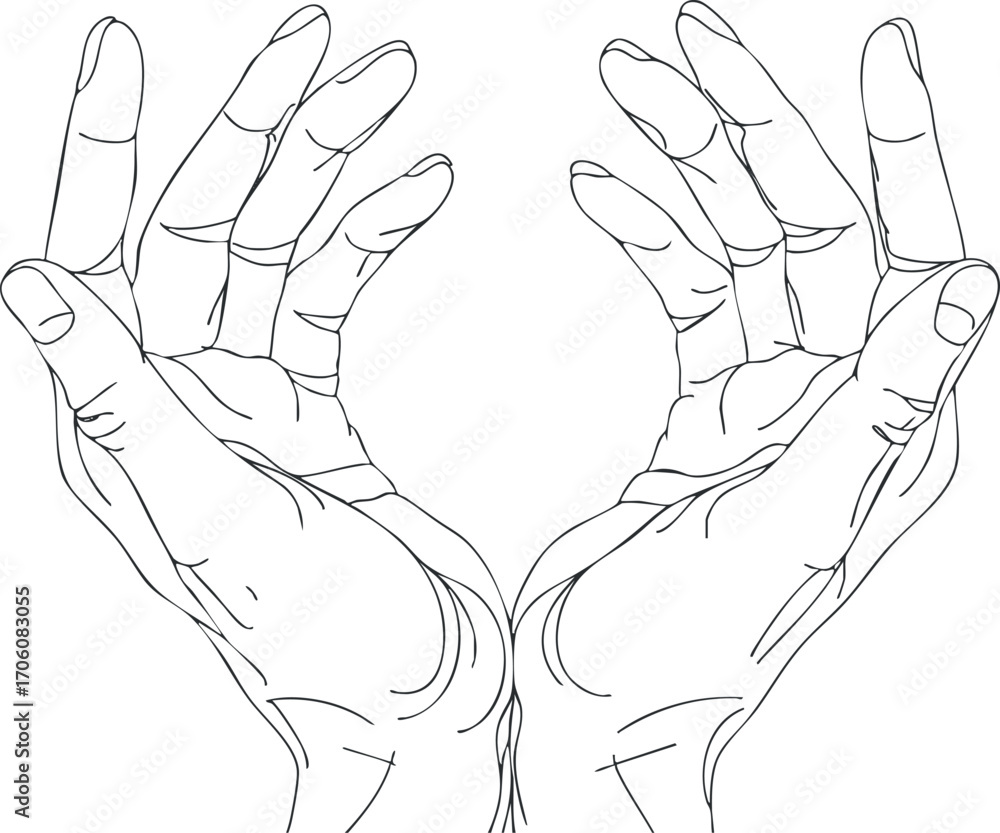 Poster open hands gesture symbolizing support and communication in a minimalist line art style.