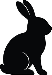 Minimal vector silhouette, sitting rabbit side view, ears up, solid black