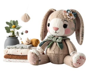 Handmade plush bunny toy with recycled fabrics cozy nursery background PNG