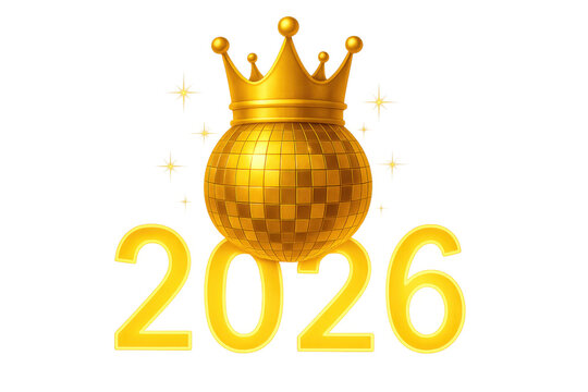 Golden disco ball wearing crown celebrating new year 2026 on transparent background